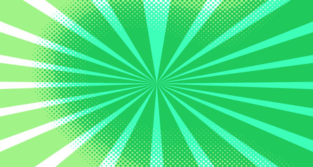 Vintage colorful comic book background. Green blank bubbles of different shapes. Rays, radial, halftone, dotted effects. For sale banner for your designe 1960s. Copy space vector eps10.