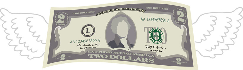 Feathered Deformed 2 dollars note