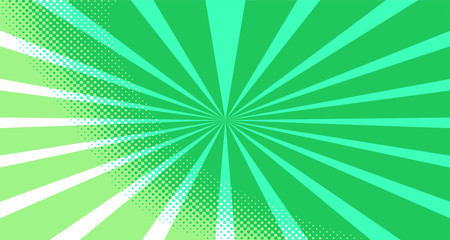 Vintage colorful comic book background. Green blank bubbles of different shapes. Rays, radial, halftone, dotted effects. For sale banner for your designe 1960s. Copy space vector eps10.