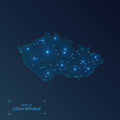 Czech Republic map with cities. Luminous dots - neon lights on dark background. Vector illustration.