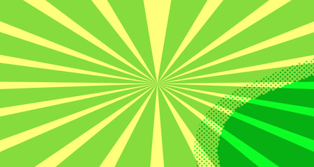Vintage colorful comic book background. Green blank bubbles of different shapes. Rays, radial, halftone, dotted effects. For sale banner for your designe 1960s. Copy space vector eps10.