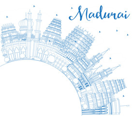 Outline Madurai India City Skyline with Blue Buildings and Copy Space.