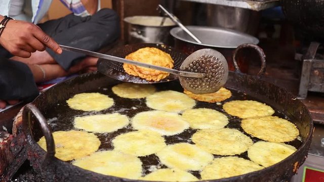 Indian street food Fried Jhangri or jalebi. Rajasthan state in western India.