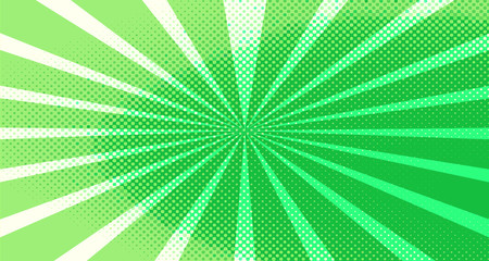 Vintage colorful comic book background. Green blank bubbles of different shapes. Rays, radial, halftone, dotted effects. For sale banner for your designe 1960s. Copy space vector eps10.