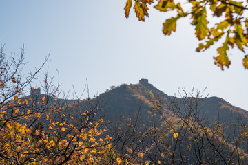 Scenic panoramic view of a hill with a portion of the Great Wall close to Jinshanling, on a sunny day of autumn, in China