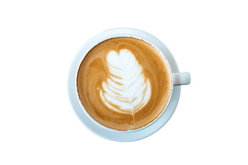 Top view, white cup Latte coffee isolated on white background. File contains with clipping path So easy to work.