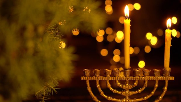 The First Night of Hanukkah. One light in the menorah. Chanukah is the Jewish Festival of Lights