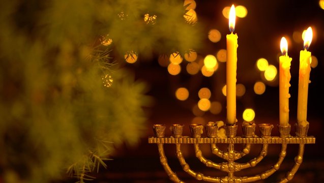 The second Night of Hanukkah. Two lights in the menorah. Chanukah is the Jewish Festival of Lights