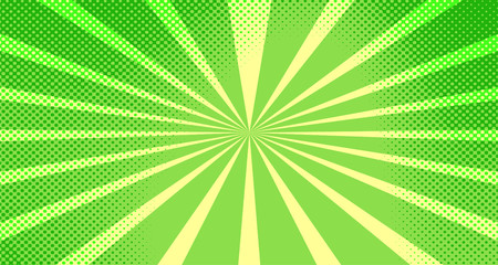 Vintage colorful comic book background. Green blank bubbles of different shapes. Rays, radial, halftone, dotted effects. For sale banner for your designe 1960s. Copy space vector eps10.