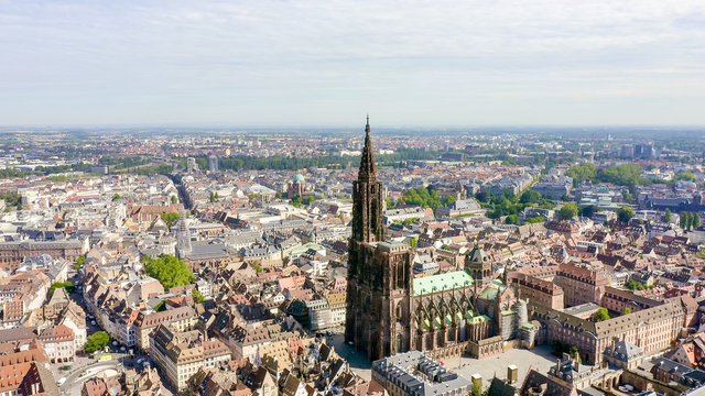 Strasbourg, France. The historical part of the city, Strasbourg Cathedral, Aerial View
