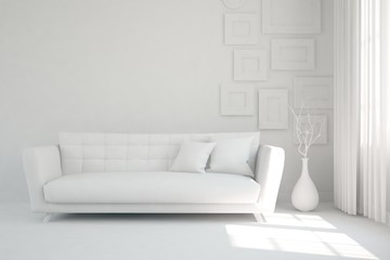 Mock up of stylish room in white color with sofa. Scandinavian interior design. 3D illustration