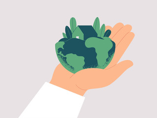 Human hand carefully holds planet Earth. Green house  is among leaves on the males palm. Ecological concept fo save the Earth. Vector illustration isolated from background