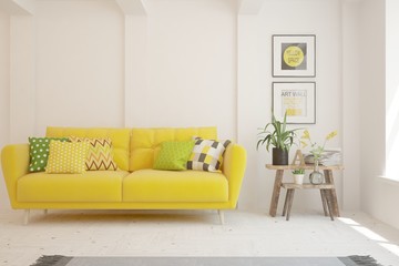 Obraz premium Stylish room in white color with yellow sofa. Scandinavian interior design. 3D illustration