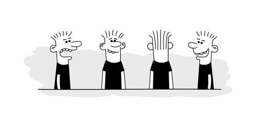 Hand drawn funny characters faces set, vector image of four angles and turns of a male head.