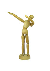 wooden man with hand on head