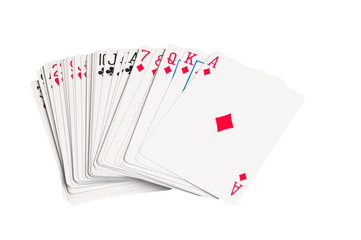 One deck of playing cards spread out ready for use