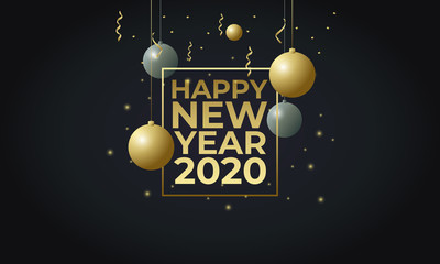 vector illustration of happy new year 2019 2020 gold and silver with christmas balls or baubles on black background