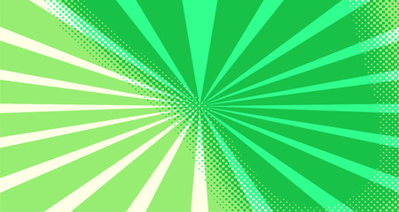 Vintage colorful comic book background. Green blank bubbles of different shapes. Rays, radial, halftone, dotted effects. For sale banner for your designe 1960s. Copy space vector eps10.