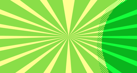 Vintage colorful comic book background. Green blank bubbles of different shapes. Rays, radial, halftone, dotted effects. For sale banner for your designe 1960s. Copy space vector eps10.