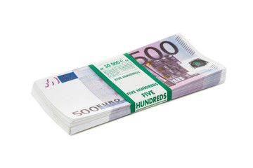 Euro cash in bundles of five hundred banknotes, Euro money Euro on white background, isolated on white background
