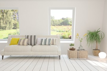 Stylish room in white color with sofa and summer landscape in window. Scandinavian interior design. 3D illustration
