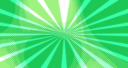 Vintage colorful comic book background. Green blank bubbles of different shapes. Rays, radial, halftone, dotted effects. For sale banner for your designe 1960s. Copy space vector eps10.