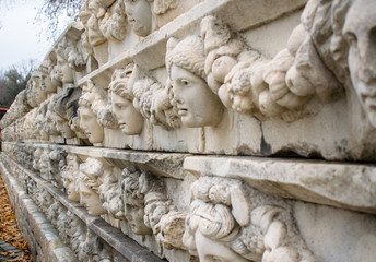 Aphrodisias antique city, Aydin, Turkey.  Marble face statues, perspective.