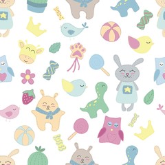 vector seamless pattern, cute animals, toys and sweets for children, without background