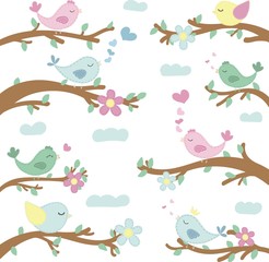 vector pattern, cute colored birds on branches, illustration for children, no background