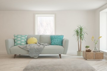 Stylish room in white color with sofa. Scandinavian interior design. 3D illustration