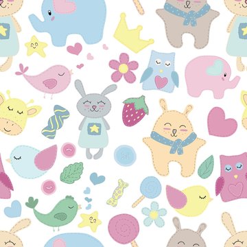 vector seamless pattern, cute animals, toys and sweets for children, without background