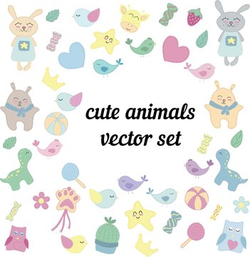 big vector set, cute animals, toys and goodies for children, without background
