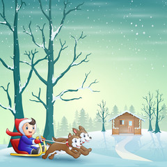 Cartoon boy riding sled on the snow pulled by two dogs