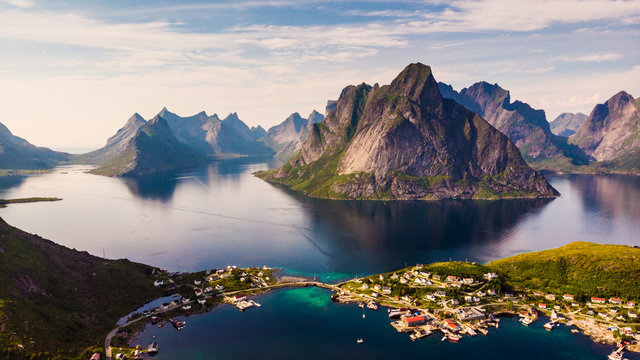 Fjord and mountains landscape. Lofoten islands Norway