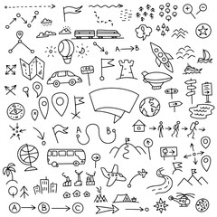 Set of geographic map signs. Hand drawn doodle sketch vector stock black line outline. © Ilia