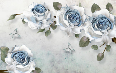 Fototapety  ilustracja 3d, jasne tło grunge, duże niebieskie i białe róże