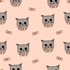 Muzzle of cats with bows on a coral background. Seamless pattern.