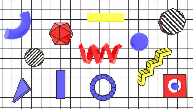 Abstract 3d video background with geometric composition. Loop 4k animation. Modern trendy postmodernism design, yellow, blue and red colors. Memphis style.