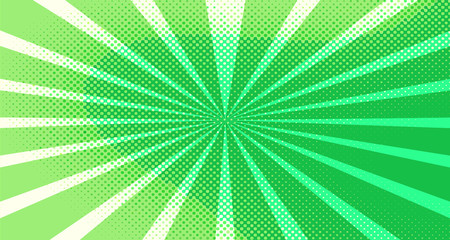 Vintage colorful comic book background. Green blank bubbles of different shapes. Rays, radial, halftone, dotted effects. For sale banner for your designe 1960s. Copy space vector eps10.