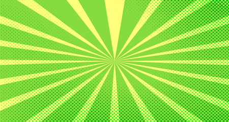 Vintage colorful comic book background. Green blank bubbles of different shapes. Rays, radial, halftone, dotted effects. For sale banner for your designe 1960s. Copy space vector eps10.
