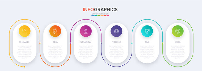 Concept of arrow business model with 6 successive steps. Six colorful graphic elements. Timeline design for brochure, presentation. Infographic design layout