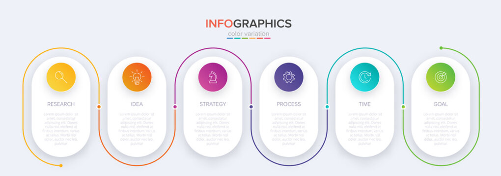 Concept of arrow business model with 6 successive steps. Six colorful graphic elements. Timeline design for brochure, presentation. Infographic design layout