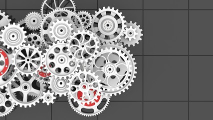 Mechanism, white metallic gears and cogs at work on black tile background. Industrial machinery. 3D illustration. 3D high quality rendering.