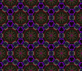 Abstract bright kaleidoscope symmetric pattern on a black background.