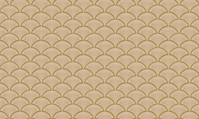 Vector abstract seamless wavy pattern with geometrical fish scale layout. Metallic gold circles on a dark black background. Fan shaped garlands .Wallpaper, textile patch, wrapping paper, page fill