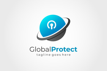 Obraz premium Planet with ring and lock sign inside. Global Security Logo Design Template Element