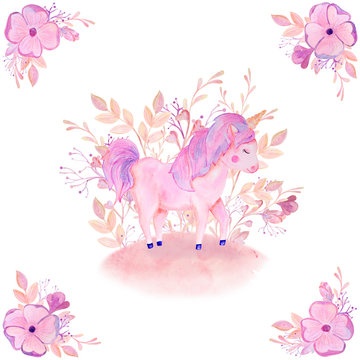 watercolor pink frame flower unicorn valentines day Border
