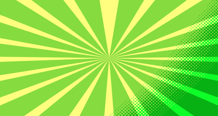 Vintage colorful comic book background. Green blank bubbles of different shapes. Rays, radial, halftone, dotted effects. For sale banner for your designe 1960s. Copy space vector eps10.