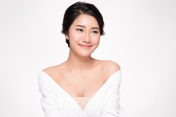 Beautiful Young Asian Woman with Clean Fresh Skin. Face care, Facial treatment, on white background, Beauty and Cosmetics Concept.