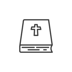 Obraz premium Bible book with holy cross line icon. linear style sign for mobile concept and web design. Holy bible outline vector icon. Symbol, logo illustration. Vector graphics